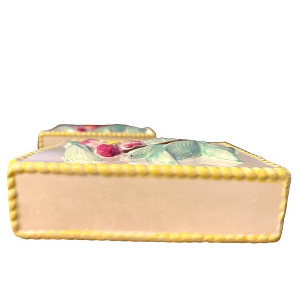 PV PEASANT VILLAGE Pair of Vases Majolica Pottery Rectangular Raised Flowers VTG - Picture 5 of 9